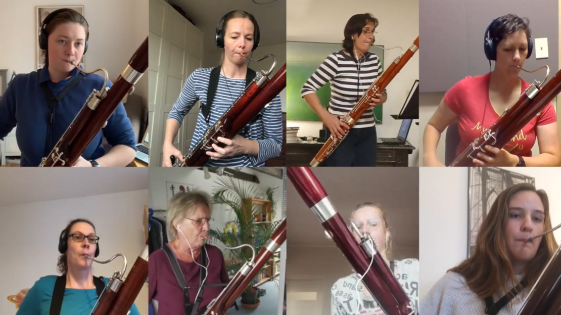 Das Bild zeigt acht Fagottistinnen in einem Zusammenschnitt, die sich selbst beim Fagott spielen gefilmt haben.
