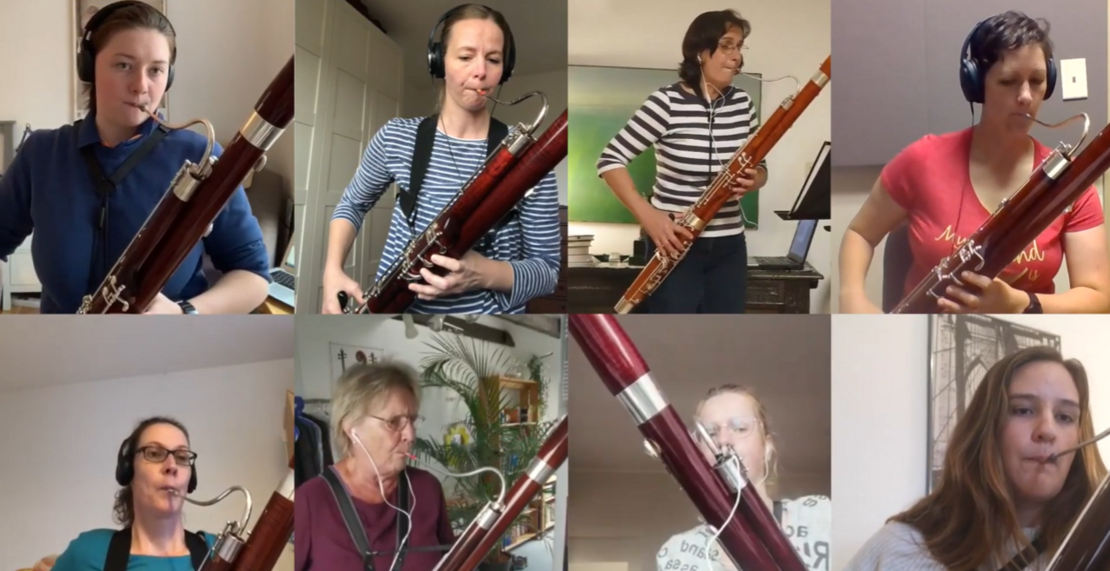 Das Bild zeigt acht Fagottistinnen in einem Zusammenschnitt, die sich selbst beim Fagott spielen gefilmt haben.