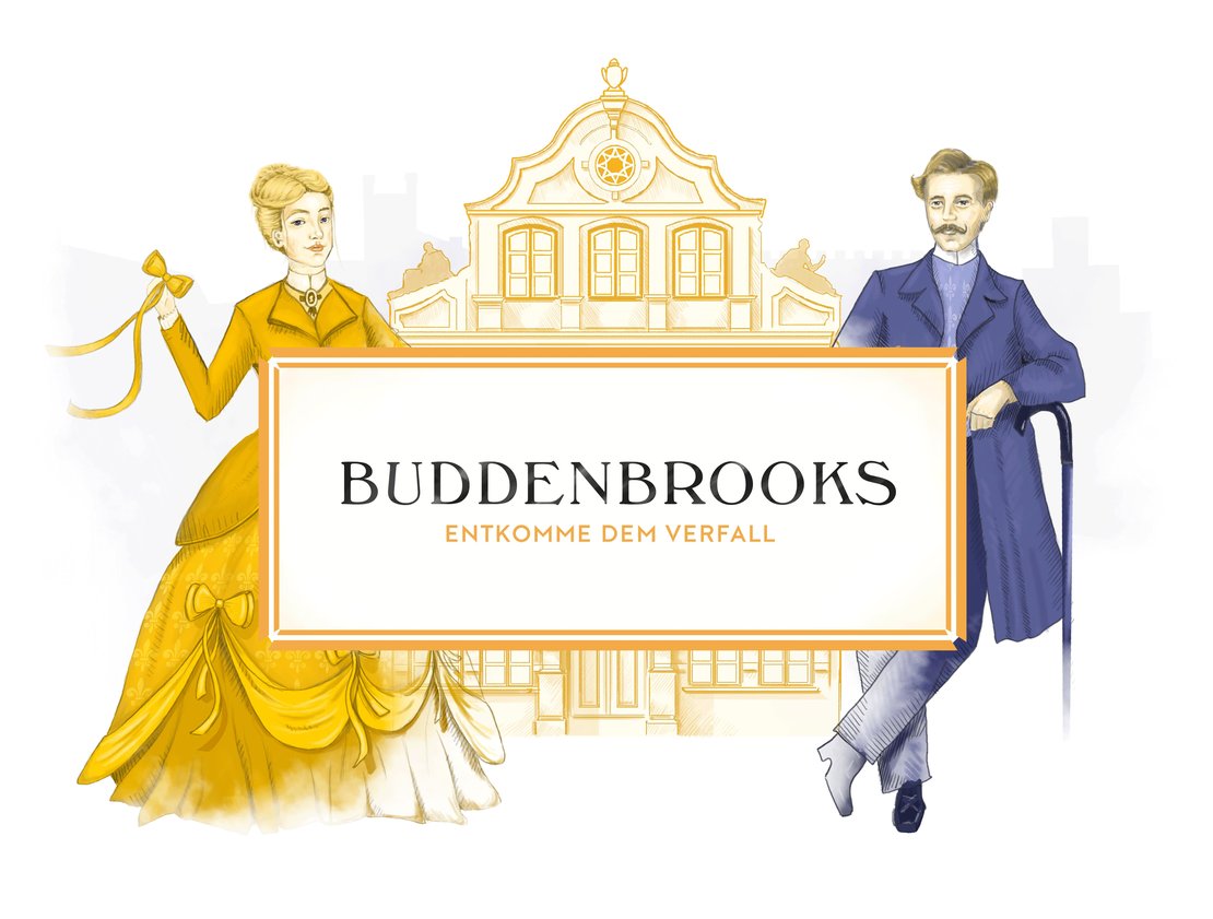 Die Grafik des Spiels "Buddenbrooks - Entkomme dem Verfall" zeigt eine Frau (links) und einen Mann (rechts) in zeitgenössischen Kleidern vor der Silouette des Buddenbrookhauses. 