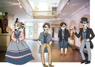 Illustrationen der Buddenbrooks vor einem Foto der Eingangshalle des Behnhauses in Lübeck.