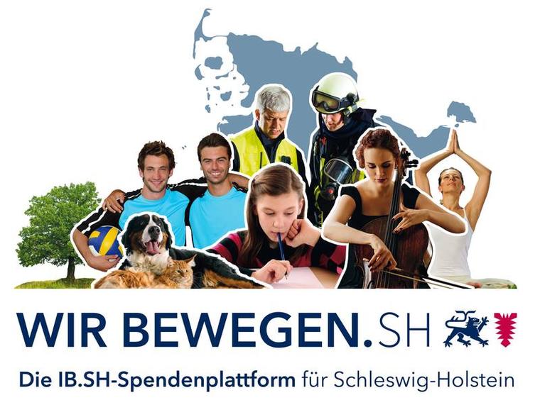 Collage, die die verschiedenen Projektförderungsbereiche von WIR BEWEGEN.SH abbildet: Kultur, Bildung, Miteinander und Hilfe, Gesundheit, Tiere, Umwelt und Sport. 